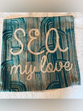 Teal and Cream "Sea My Love" Decorative Throw Pillow Cover - Coastal Home Accent